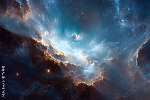 Space background with clouds and stars in bright space. Nebula and magical Universe landscape. Created with generative AI