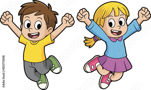Cute cartoon illustration of a happy boy and girl jumping with joy showing playful childhood energy excitement and cheerful expressions