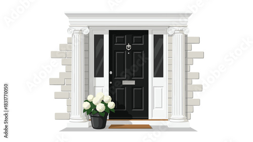 Elegant black front door with white columns and brick, inviting entrance with floral display, perfect for real estate or home design projects