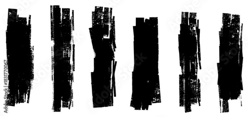 Textured strokes in roller style with grunge depth, mixing linocut edges and paint smears. Hand drawn brush lines and bold brush marks create raw paint and roller energy.