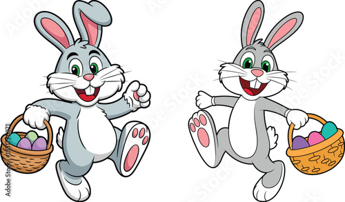 Cute cartoon Easter bunny happily running with colorful egg basket cheerful holiday character perfect for festive designs children illustrations and celebrations