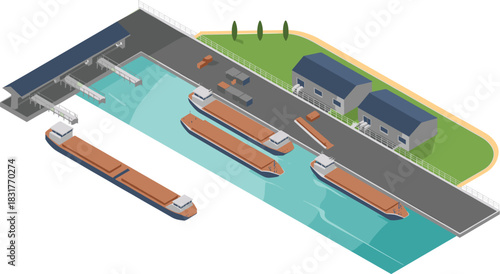 Isometric illustration of a river cargo port with barges warehouses docks loading ramps waterway transportation and industrial shipping environment