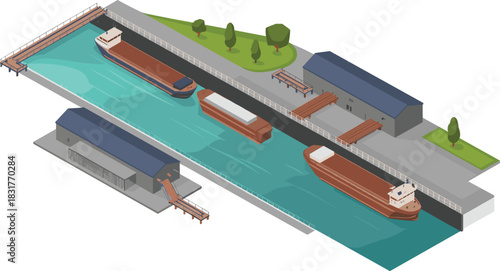 Isometric illustration of a river cargo port with barges warehouses docks loading ramps waterway transportation and industrial shipping environment