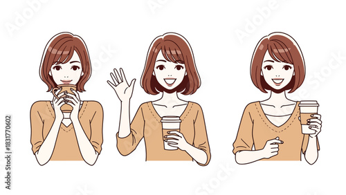 Cute flat vector sticker set of a woman drinking coffee in multiple poses, ideal for planners, lifestyle designs, and cozy daily routine collections