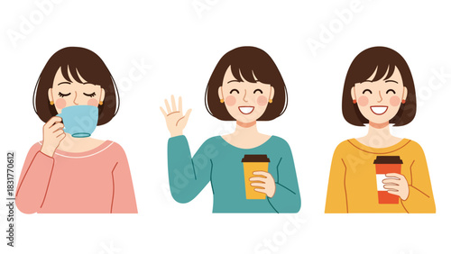 Cute flat vector sticker set of a woman drinking coffee in multiple poses, ideal for planners, lifestyle designs, and cozy daily routine collections