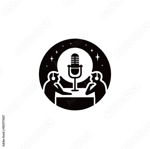 Male podcast hosts having conversation, professional broadcasting and media interview icon