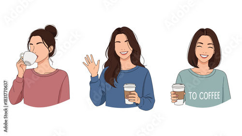 Cute flat vector sticker set of a woman drinking coffee in multiple poses, ideal for planners, lifestyle designs, and cozy daily routine collections