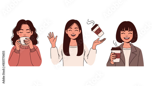 Cute flat vector sticker set of a woman drinking coffee in multiple poses, ideal for planners, lifestyle designs, and cozy daily routine collections