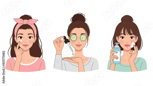 Flat vector sticker set of a woman applying skincare and beauty products in cute poses, perfect for wellness graphics and self-care collections