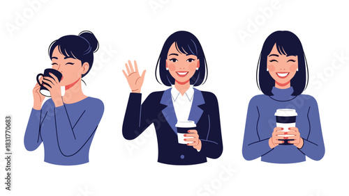 Cute flat vector sticker set of a woman drinking coffee in multiple poses, ideal for planners, lifestyle designs, and cozy daily routine collections