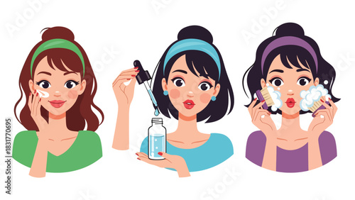 Flat vector sticker set of a woman applying skincare and beauty products in cute poses, perfect for wellness graphics and self-care collections
