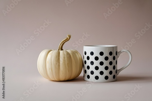 White pumpkin and polka dot mug on a neutral background