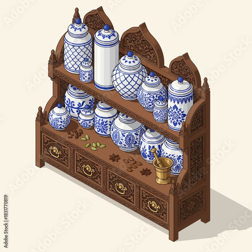 Ornate spice display shelf with blue and white porcelain jars illustration