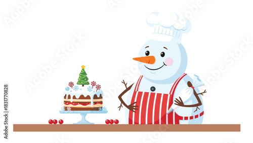 Festive snowman chef decorating a delicious Christmas cake with snow frosting and tree, perfect for holiday celebrations and seasonal fun