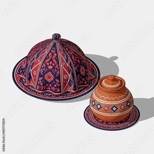 Stylized illustration of ornate lid and earthen pot for cultural representation