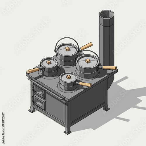 Isometric Illustration of a Classic Wood Burning Cookstove with Cookware
