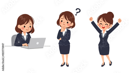 Cute flat vector sticker collection of a woman using her laptop while typing, thinking, and celebrating progress, great for productivity and work-from-home themes