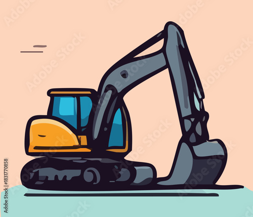 Flat Yellow Excavator, bulldozer, folklift facing right with tosca and cream background