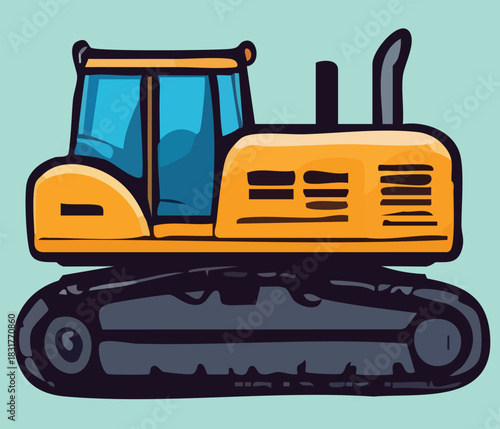 Flat Yellow Excavator, bulldozer, folklift facing right with tosca and cream background