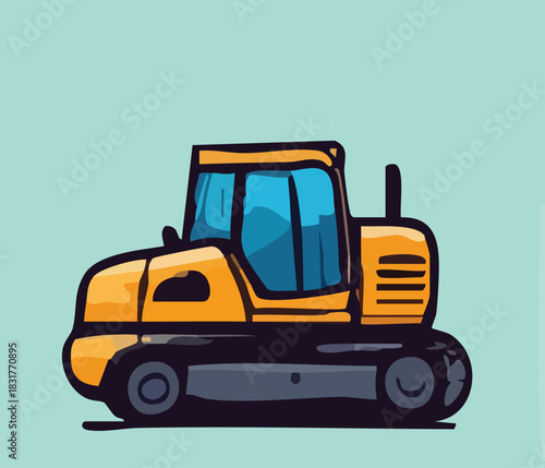 Flat Yellow Excavator, bulldozer, folklift facing right with tosca and cream background
