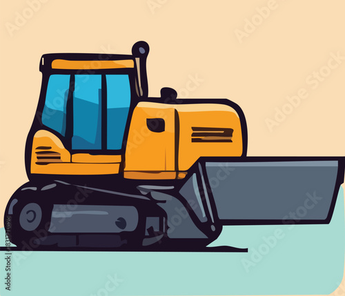 Flat Yellow Excavator, bulldozer, folklift facing right with tosca and cream background