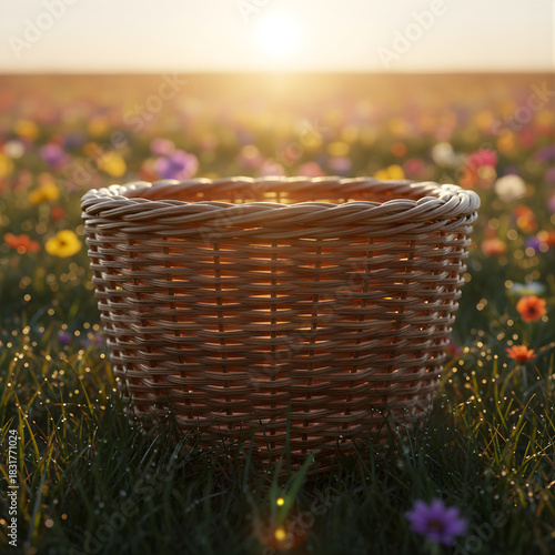 Woven Basket in a Wildflower Meadow at Sunrise or Sunset Golden Hour