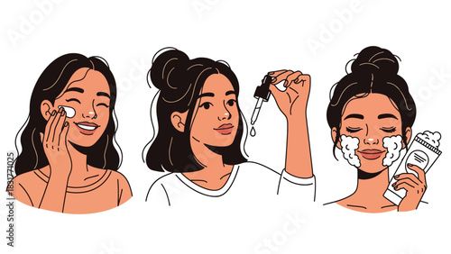 Flat vector sticker set of a woman applying skincare and beauty products in cute poses, perfect for wellness graphics and self-care collections