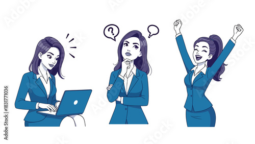 Cute flat vector sticker collection of a woman using her laptop while typing, thinking, and celebrating progress, great for productivity and work-from-home themes