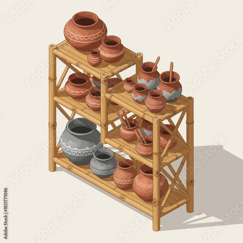 Rustic Pottery Display: A Handcrafted Bamboo Shelf Showcasing Clay Vases