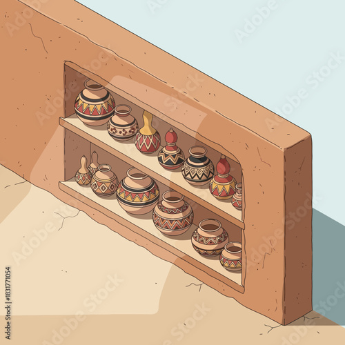 Earthenware Vessels Displayed on Shelves Set Into an Adobe Wall Illustration