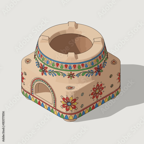 Handcrafted clay incense burner with intricate floral decorative pattern