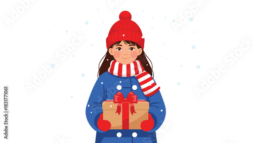 Delightful young girl in winter clothes smiles while holding a lovely gift outdoors amid gentle snowfall, spreading holiday cheer