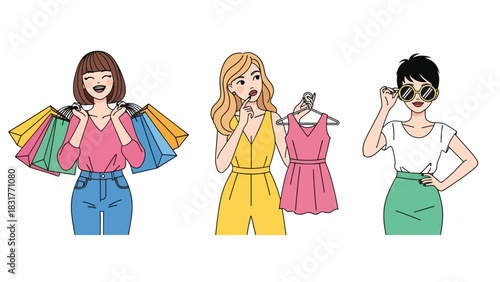 Flat vector sticker set of a woman shopping with bags and outfits, perfect for fashion diary designs and lifestyle planning collections