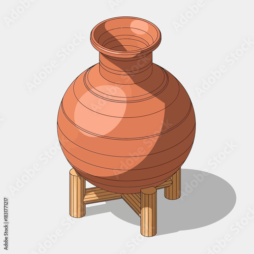 Ancient terracotta amphora on a wooden stand for interior decoration