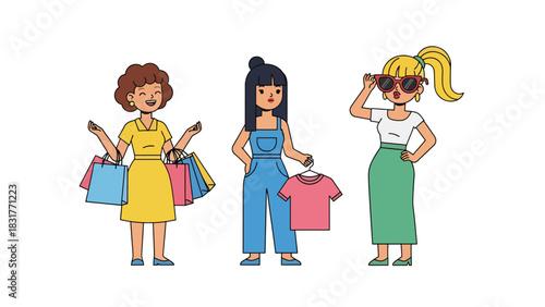 Flat vector sticker set of a woman shopping with bags and outfits, perfect for fashion diary designs and lifestyle planning collections