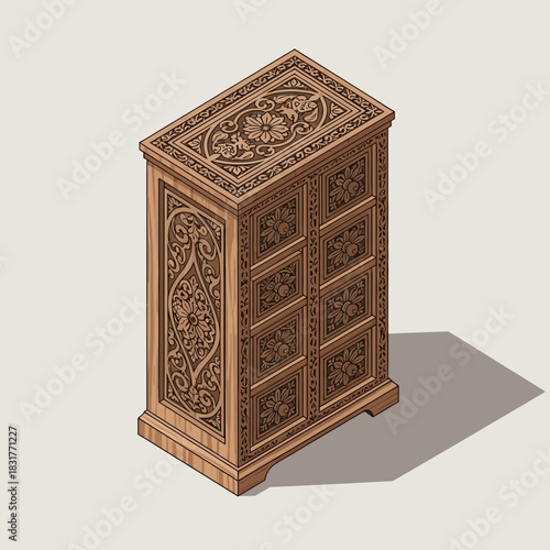 Isometric rendering of an ornately carved wooden cabinet with floral motifs
