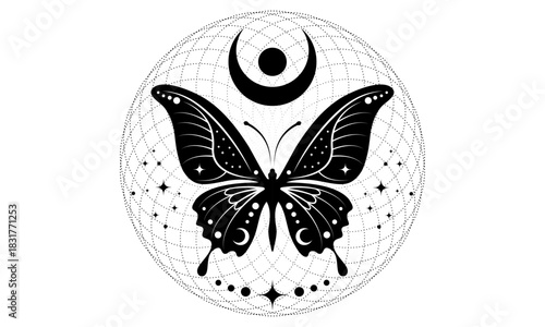 mystical butterfly and celestial crescent moon symbol, Sacred Torus, Pagan wiccan design. Esoteric boho moth logo for spiritual practices of ethnic and rites, vector isolated on white background