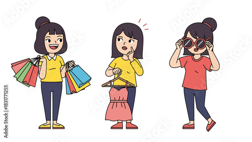 Flat vector sticker set of a woman shopping with bags and outfits, perfect for fashion diary designs and lifestyle planning collections