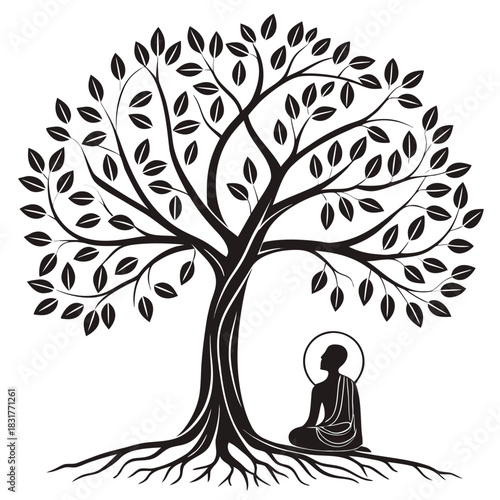 A minimalist black silhouette illustration of the Buddha seated in meditation beneath a sprawling Bodhi tree. The tree's roots spread wide at the base, its branches and leaves forming a protective.