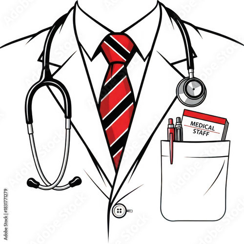 Close up of doctor coat with stethoscope tie and medical staff note isolated on transparent background