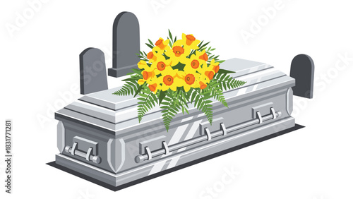 Silver casket adorned with vibrant daffodils and ferns, set against peaceful tombstones in solemn remembrance and memorial illustration