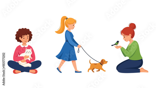 Cute sticker collection of a woman cuddling cats and walking dogs, ideal for pet lovers, lifestyle planners, and cute flat vector themes