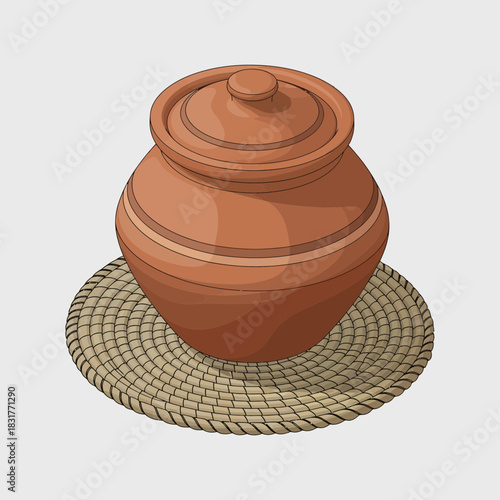 Rustic Clay Pot Illustration with Lid and Woven Placemat Presentation