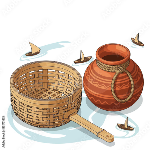 Rural Water Transport Scenery with Clay Pot and Woven Basket Still Life