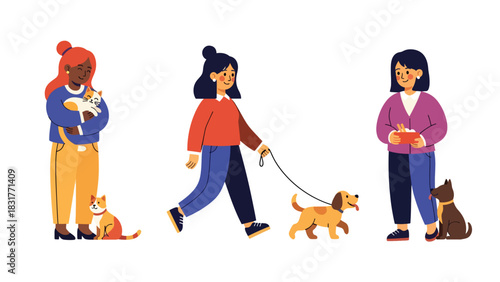 Cute sticker collection of a woman cuddling cats and walking dogs, ideal for pet lovers, lifestyle planners, and cute flat vector themes