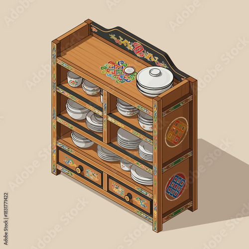 Isometric illustration of a traditional wooden cupboard with ornate decoration