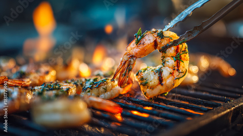 Fototapeta Naklejka Na Ścianę i Meble -  Grilled shrimp sizzling on open flame grill with herbs and spices being cooked using tongs for a delicious barbecue feast on a summer evening outdoors