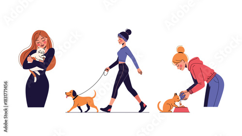 Cute sticker collection of a woman cuddling cats and walking dogs, ideal for pet lovers, lifestyle planners, and cute flat vector themes