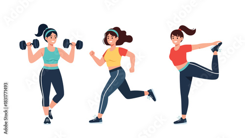 Sticker collection featuring a woman running, lifting weights, and training, ideal for planners, fitness diaries, and modern flat vector lifestyle themes