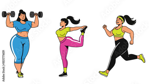 Sticker collection featuring a woman running, lifting weights, and training, ideal for planners, fitness diaries, and modern flat vector lifestyle themes